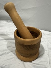 Vintage Hand Turned Wooden Mortar and Pestle Farmhouse Style 4.25×5”