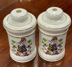 Pair Vintage Porcelain Apothecary Jar Latin Pulvis & Salsus Gold Rim DOM Japan