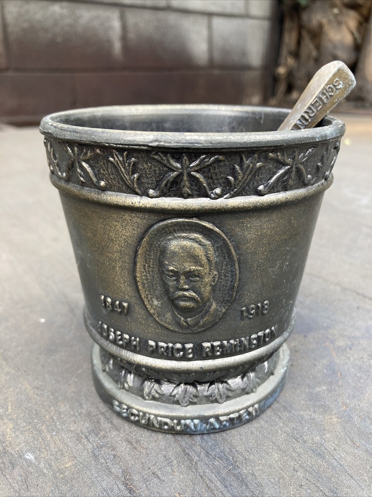 Vintage Brass Pharmacy Mortar Joseph Price Remington 1847-1918 Secundum Artem