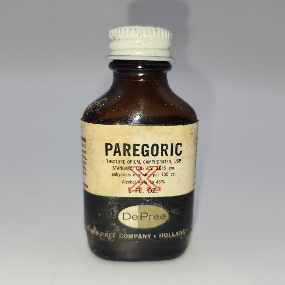 MORPHINE Bottle VINTAGE PAREGORIC U.S. bottle EMPTY medicine glass