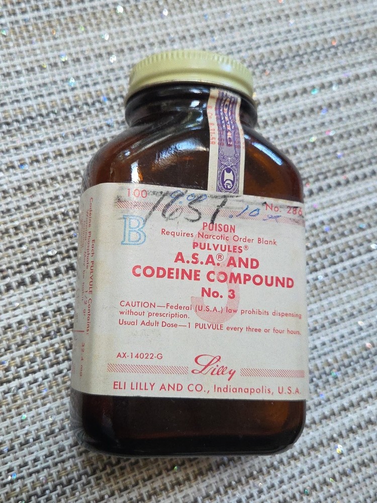 100 Tablet Vintage A.S.A CODIENE Empty Bottle Dispensing 1960s Narcotic Lilly