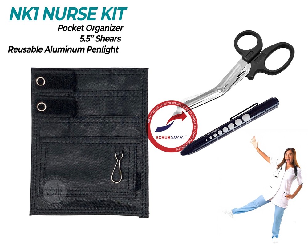 NK1 Nurse 3 Pc Kit Pocket Organizer with Medical Penlight & 5.5″ Shears – Black