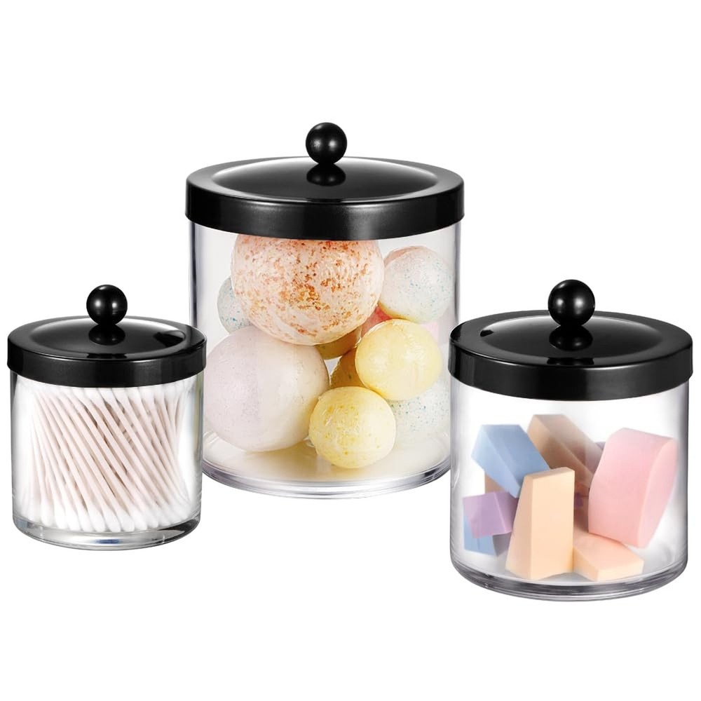 SheeChung 3-Pack Plastic Apothecary Jars with Black Metal Lids – Large 50oz, …