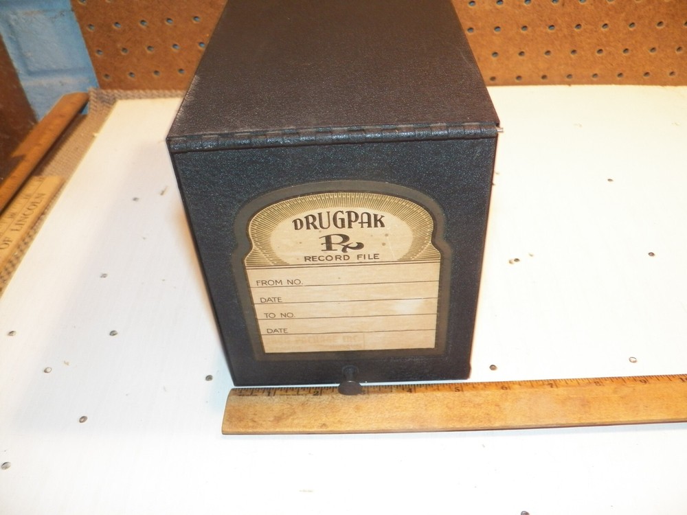 Vintage DRUGPAK Pharamacy Prescription Record Metal File Box