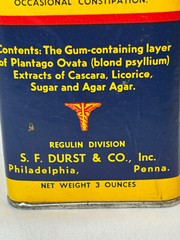 Vtg Regulin Constipation Treatment Cardboard & Metal Container S.F. Durst & Co