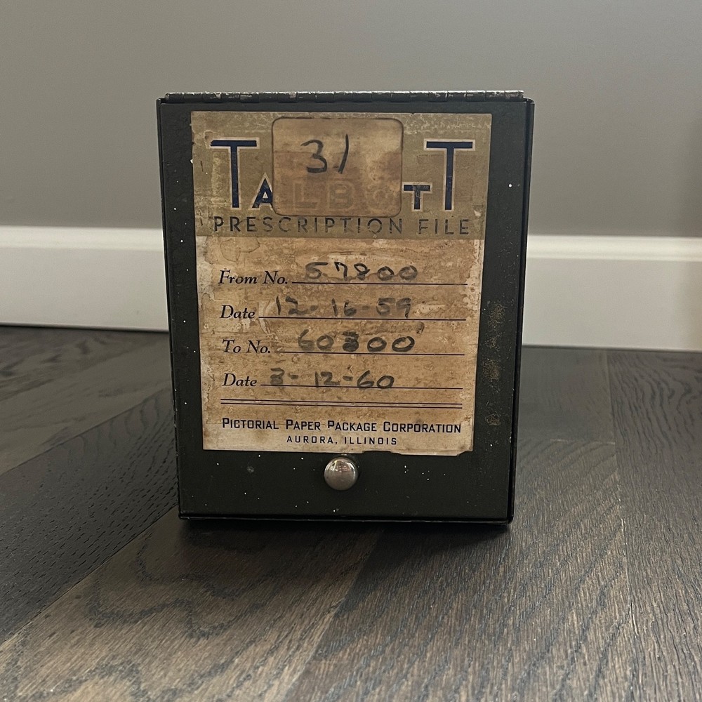 VINTAGE METAL TALBOTT PRESCRIPTION FILE BOX AURORA, ILLINOIS 1960’s