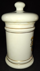VTG RX APOTHECARY JAR MD CORICIDIN-D 6.5″ GOLD TRIM w/LATIN PHARMACY DRUG STORE