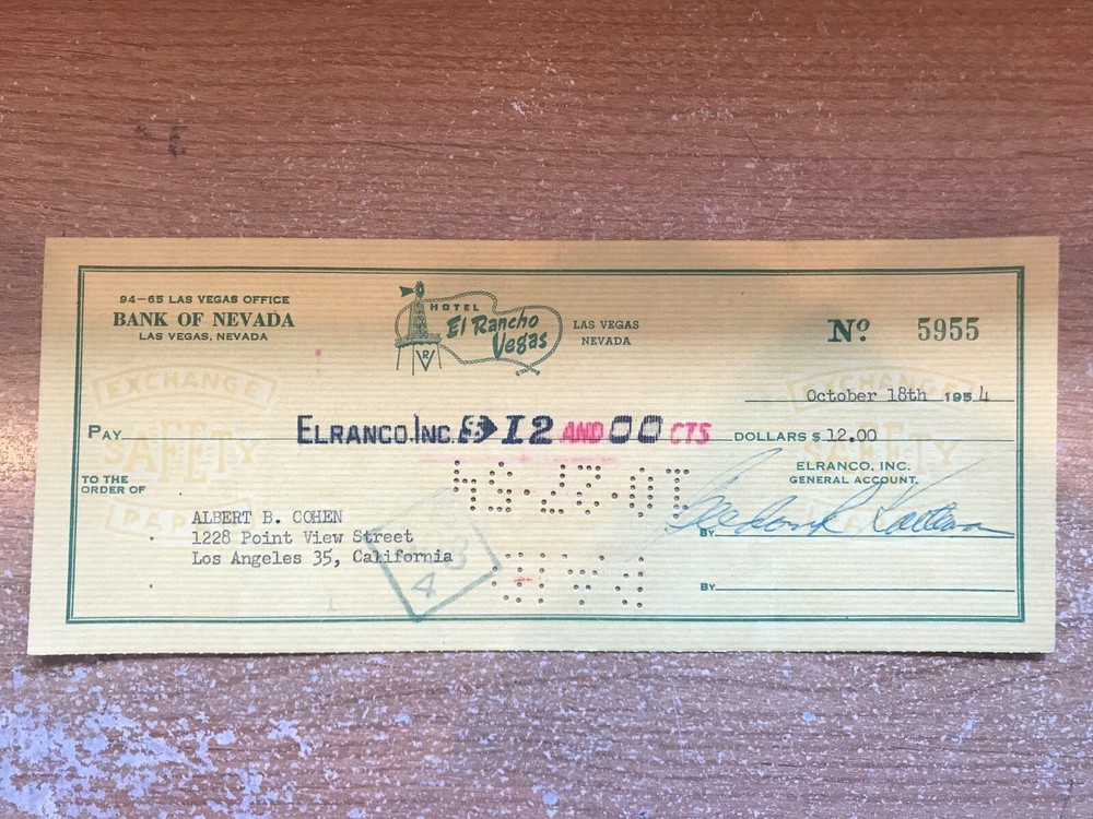 El Rancho Vegas Canceled Check To Albert B Cohen 1954 Los Angles California