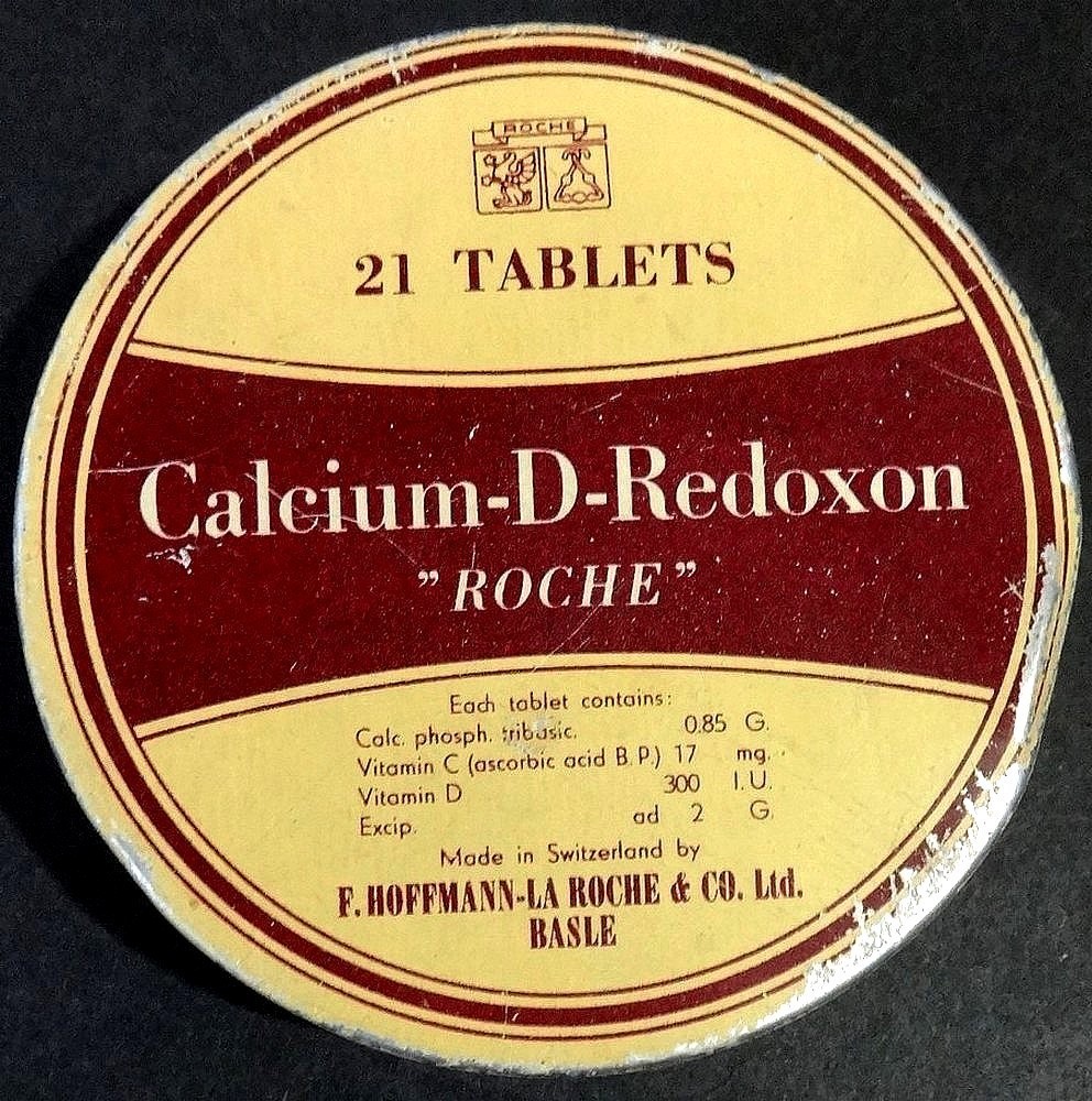 India Vintage Calcium D Redoxon Tablets Tin Box ROCHE Basel Switzerland
