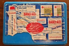 Vintage 1960s Johnson & Johnson First Aid Auto Kit Case w/ Supplies Plastic