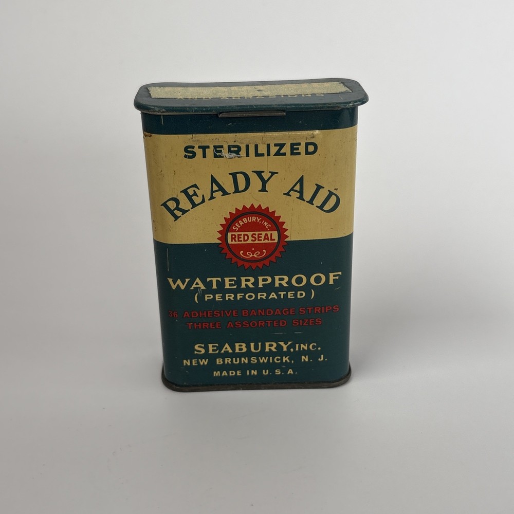 vintage tin Ready Aid Waterproof Bandages Seabury – Empty