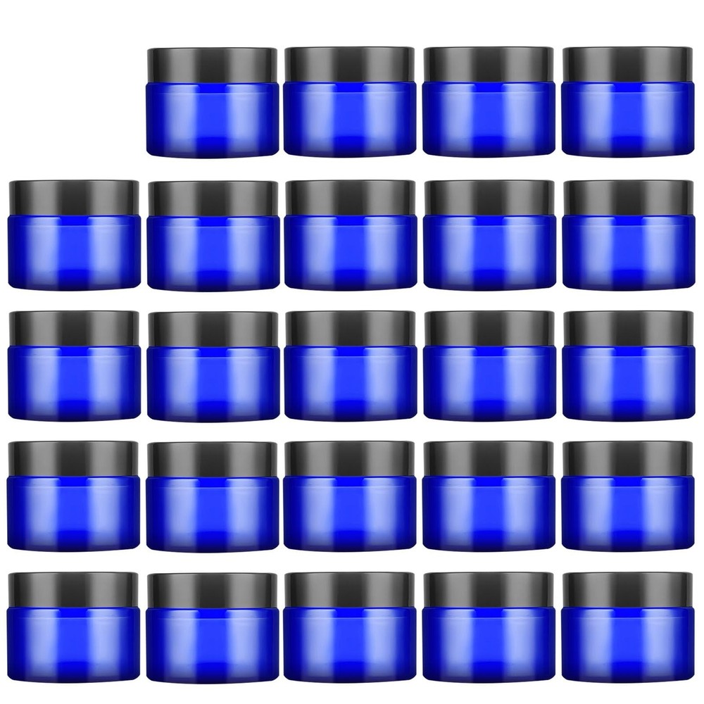 Lil Ray 1 oz Round Cobalt Blue Glass Jar with Inner Liners and Black Lid (24p…