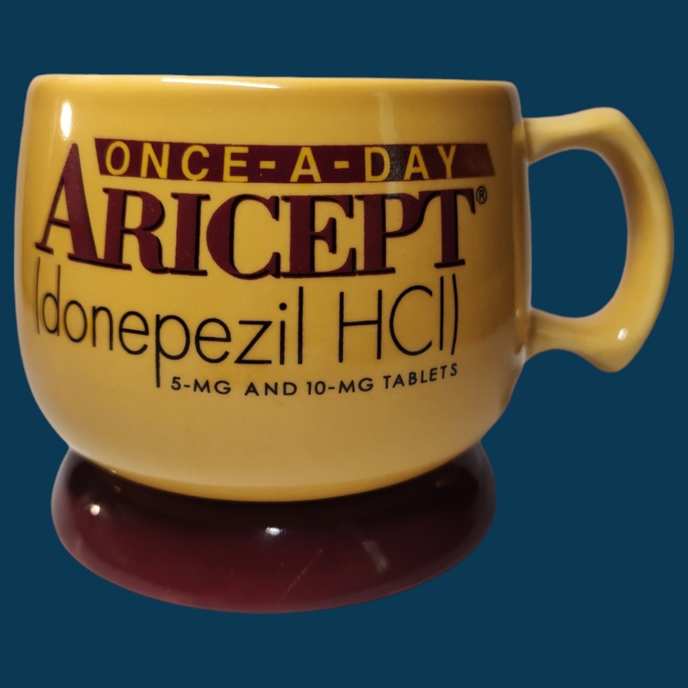 Aricept Drug Rep Pharmaceutical Collectible YELLOW Cup / Mug w/ Matching Coaster