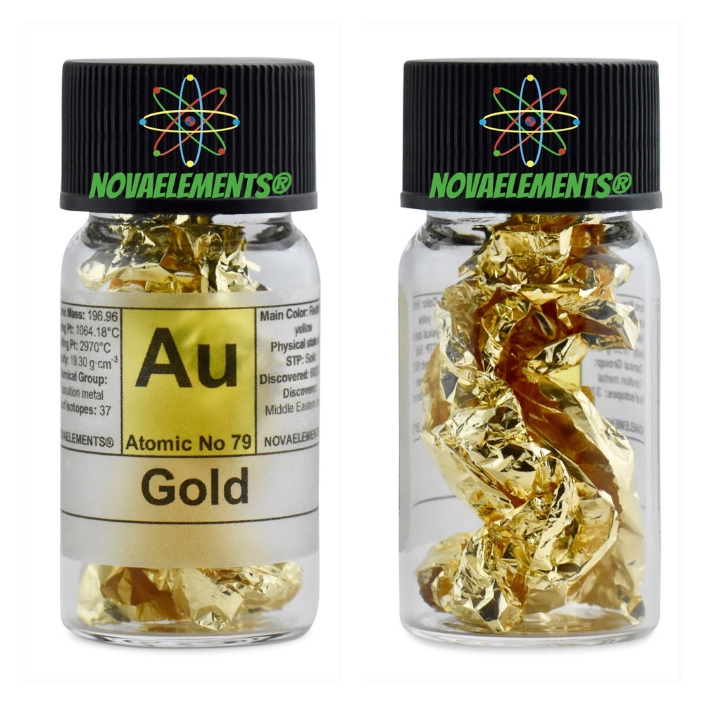 Gold metal 99.99% (24K) element 79 Au foil in fulfilled and labeled glass vial
