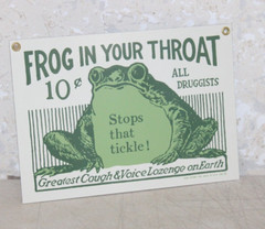 FROG IN YOUR THROAT Porcelain Sign PHARMACY DRUGGIST VINTAGE 1986 NOS 6X9