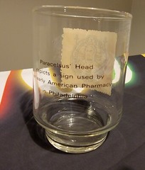 Set of 3 Rare 4″ Glass Tumbler early American Pharmacy sign art