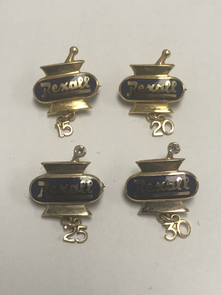VINTAGE REXALL DRUG SET OF FOUR 14k YELLOW GOLD PINS – 15, 20, 25, 30 YEARS