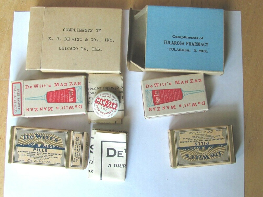 1950 2 SAMPLE BOX TULAROSA PHARMACY NEW MEXICO , E.C. DEWITTCO CHICAGO MAN-ZAN
