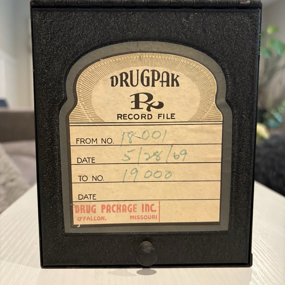 Vintage Drugpak RECORD FILE metal apothecary Pharmacy Drug Box 1969 Antique