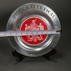 Vintage Squibb Apothecary Pharmaceutical Society Pewter Plate w/ Wood Stand