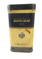 Vtg BORIC ACID PUREPAC TIN w/PARTIAL CONTENTS& REXALL SEALED CARDBOARD CONTAINER
