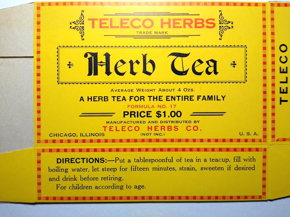 Teleco Herb Tea Vintage Original EMPTY Product Box Teleco Herbs Co. Chicago ILL
