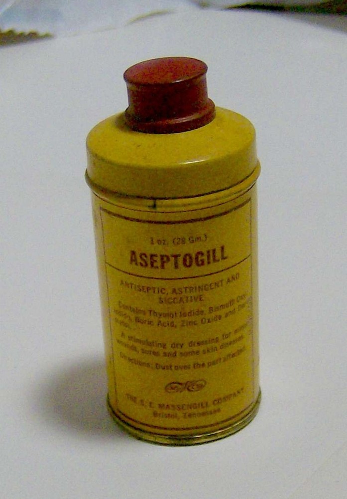 antique 1930s ASEPTOGILL pharmaceutical TIN Massengill Co Bristol TN medical OLD