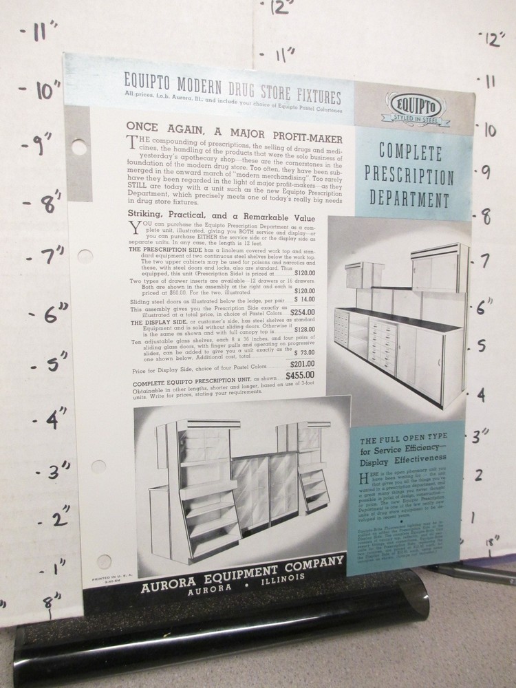 Aurora 1940 PHARMACY prescription medicine shelving store display sales sheet