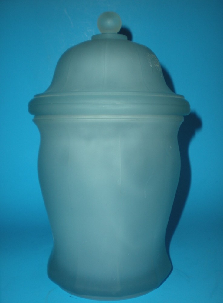 10″ vtg Apothecary Canister Jar with Ball Dome Lid Very Heavy Frosted Blue glass