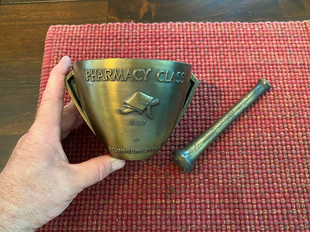Vintage Schering Brass Mortar & Pestle Secundum Artem Pharmacy Class 1971 RX