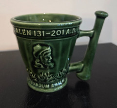 Vintage Coricidin Green Pottery Mug RX Galen Schering Pharmacy Cup Mortar Pestle