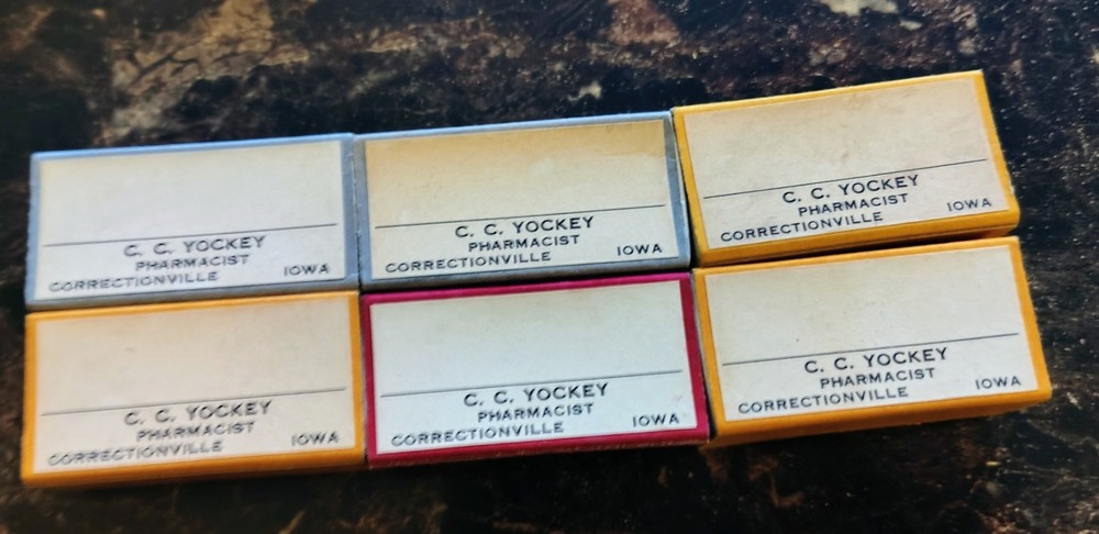 Vntg 1930s Prescription Pill Box C.C. Yockey Correctionsville Iowa Pharmacy Set