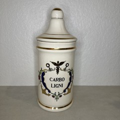 Vintage Jeanne Robinette Ceramics~Carbo Ligni Apothecary Jar, Rexall Drug Store
