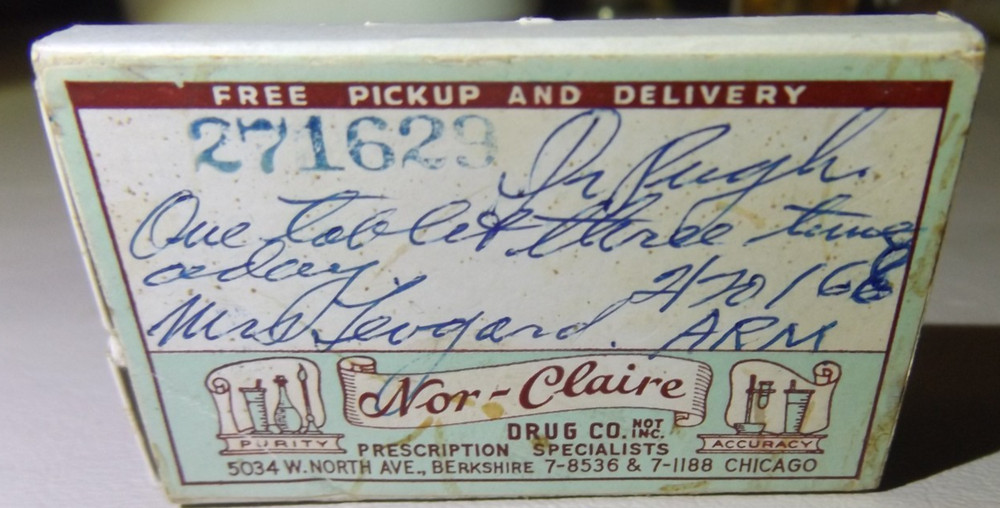 Vintage Cardboard Pill Box from NOR-CLAIRE Drug Company Chicago Dated 1966