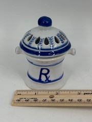 Vintage Apothecary Jar Rx Symbol Pharmacy Potpourri Blue White Ceramic 3.5″