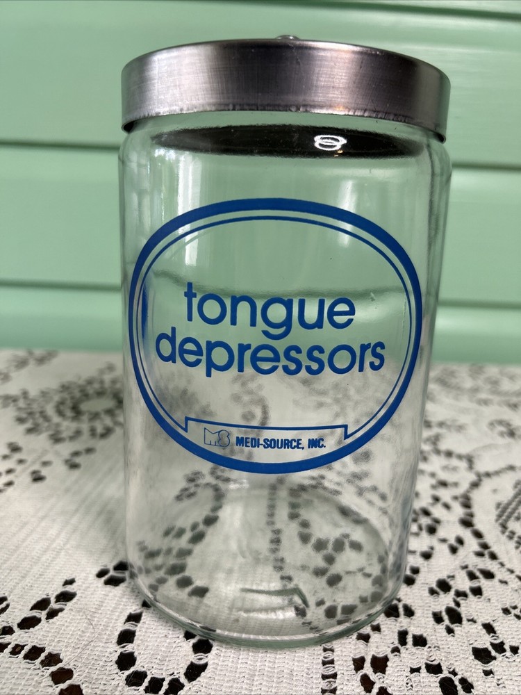 Grafco Medical Apothecary Glass Jar stainless Lid blue letters Tongue Depressors