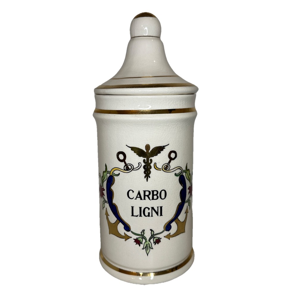 Vintage Jeanne Robinette Ceramics~Carbo Ligni Apothecary Jar, Rexall Drug Store