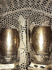 2 Vtg Modern Mid Century Rx Drinking Glasses Gold Plated Pharmacy, Apothecary