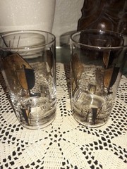 2 Vtg Modern Mid Century Rx Drinking Glasses Gold Plated Pharmacy, Apothecary