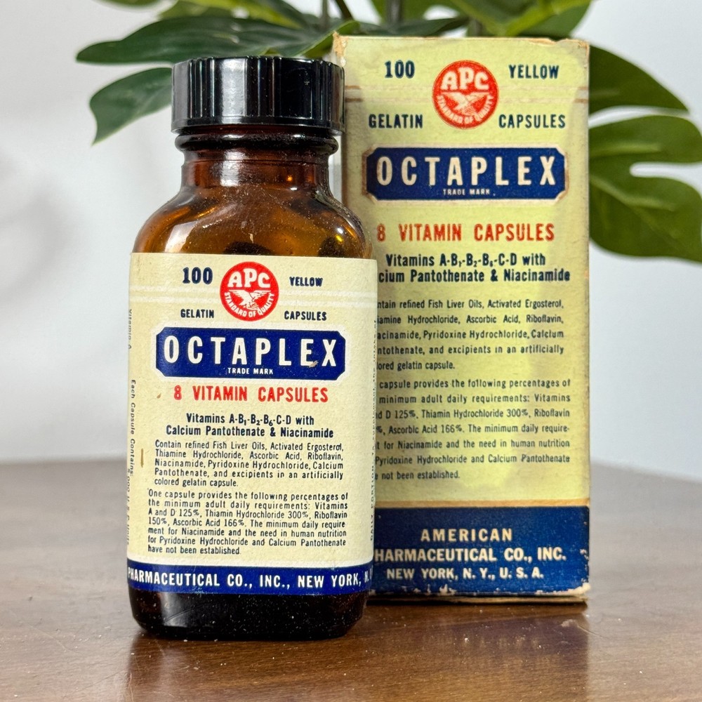 Vintage Octaplex 8 Vitamin Capsules Bottle and Original Box Apothecary Collector