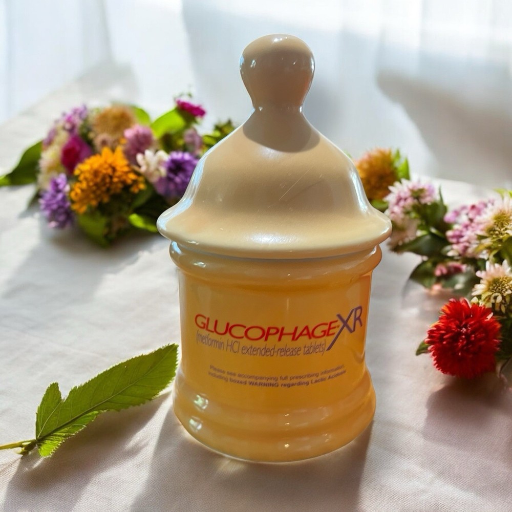 Vtg GLUCOPHAGE XR Pharmaceutical Advertisement Yellow Lidded Urn Apothecary Jar