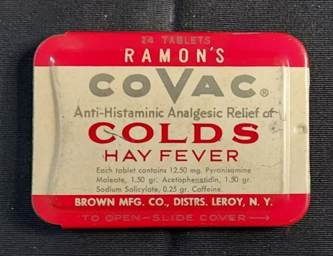 Old Empty Advertising Medicine Tin Ramon’s COVAC Colds Hay Fever Brown Mfg Leroy