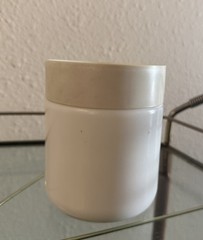 vtg70s italian repro of US 1900s pharmaceutical advertisement milkglass canister