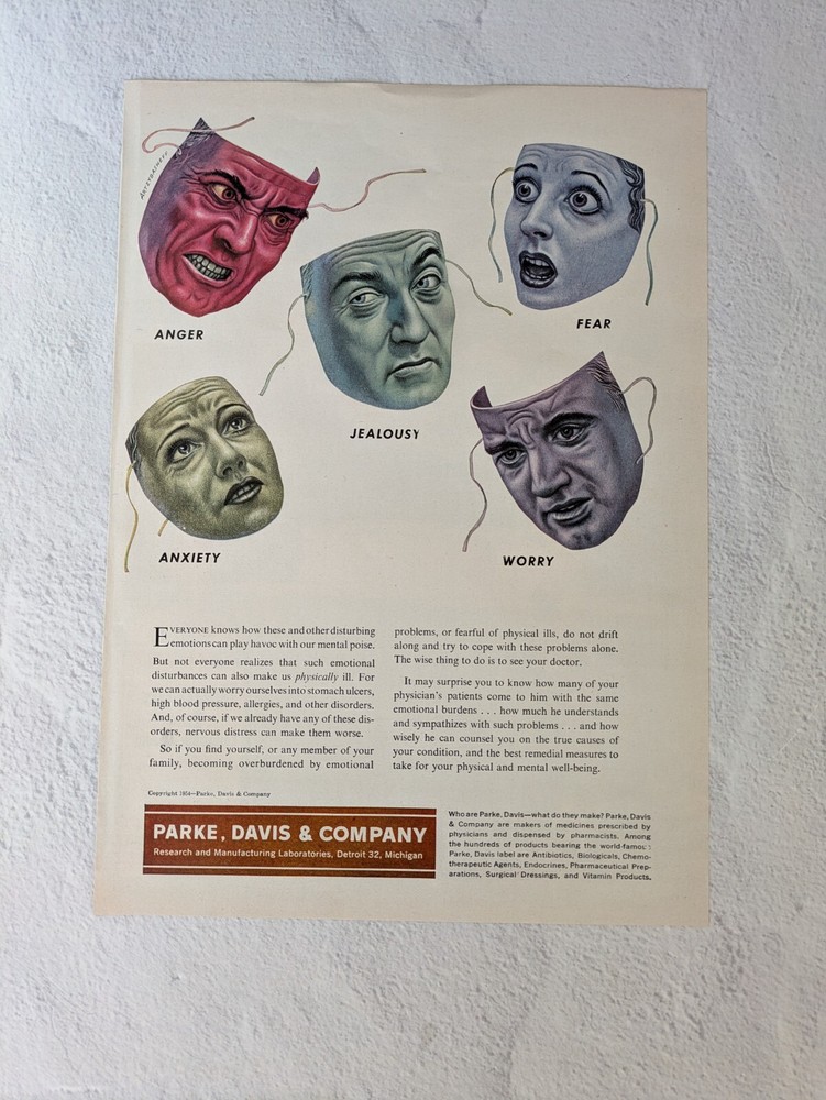 1954 Parke-Davis Disturbing Emotions – art vintage Print Ad Jealousy, Anxiety