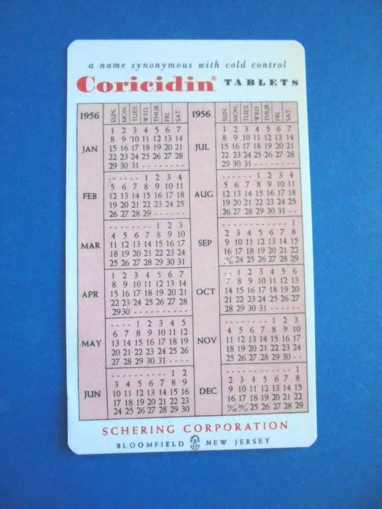 Cool Vintage 1956 Schering Coricidin Cold Tablets Advertising Pocket Calendar