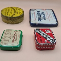 Pill tins lot 4 PHILLIPS Rheumatism gout SYNTROGEL w/pills antique vintage