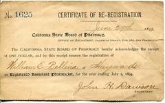 1893 State of California Pharmacy Re-Registration Pharmacist Certificate
