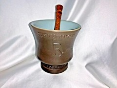 COSMAS & DAMIAN Pharmacy Motar & Pestle Porcelain RX wood Pestle CORICIDIN