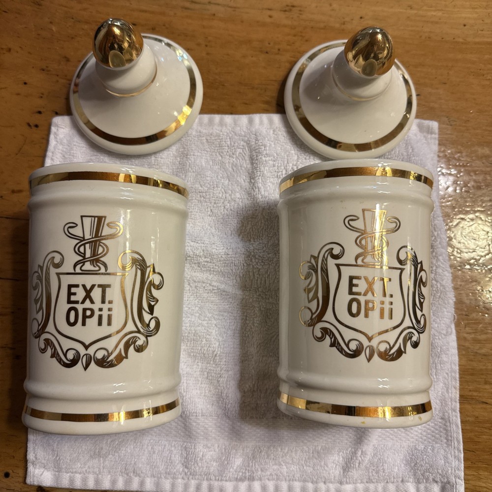 Vintage Pharmacy EXT OPii Canister Jar w/ Lid-Cream & Gold Trim-Owens Glass Pair