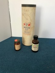 Vintage Eli Lilly Merthiolate brown bottle, Nu Gauze strips & Moleskin paper tin